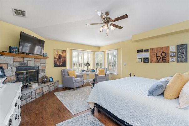 Bedroom, Fireplace, Interior, Wood Texture Flooring