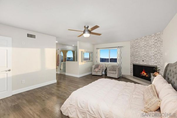 Bedroom, Fireplace, Interior, Stone Walls, Wood Texture Flooring