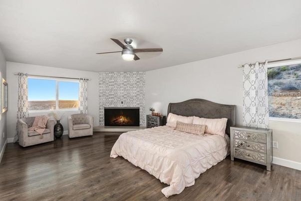 Bedroom, Fireplace, Interior, Stone Walls, Wood Texture Flooring
