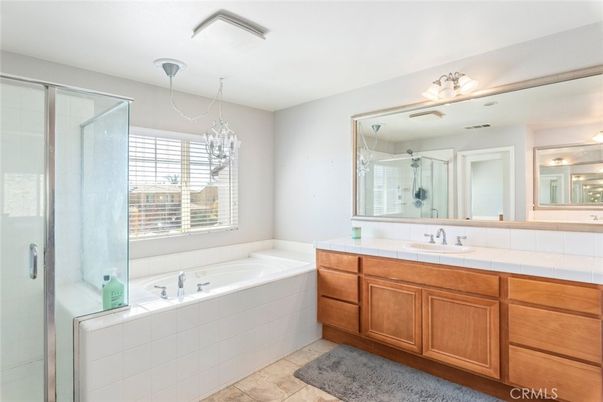 Bathroom, Chandelier, Glass Shower, Interior, Tile Countertops