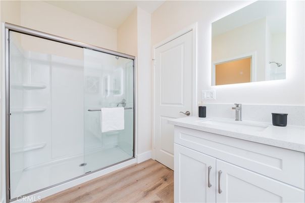 Bathroom, Glass Shower, Interior, Wood Texture Flooring