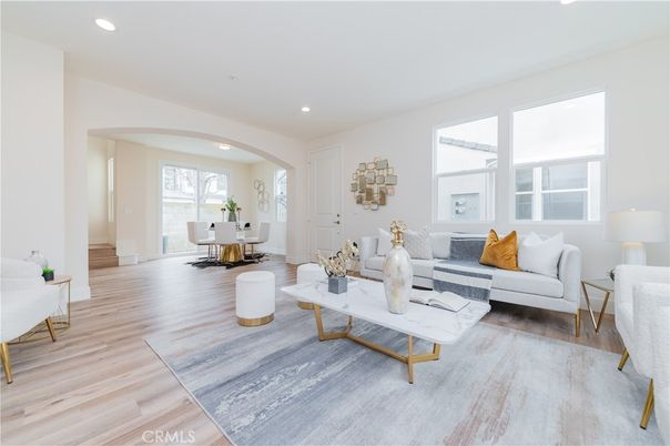 Dining room, Interior, Living room, Recessed Lighting, Wood Texture Flooring