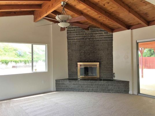 Empty room, Fireplace, Interior, Stone Walls, Wooden Beams, Wooden Ceilings