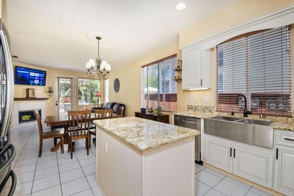 Chandelier, Dining room, Fireplace, Interior, Kitchen, Recessed Lighting