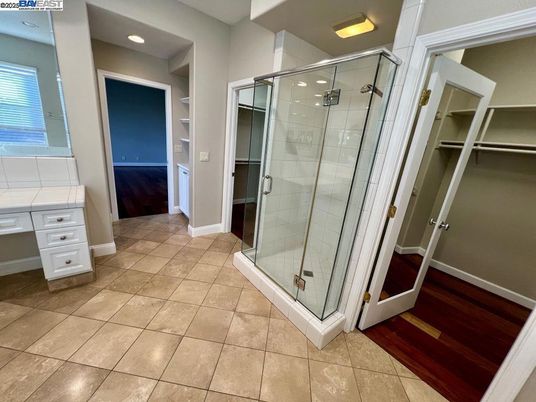 Bathroom, Glass Shower, Interior, Recessed Lighting, Wood Texture Flooring