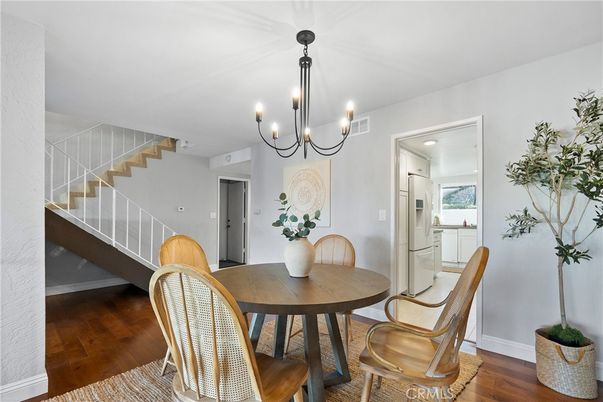 Chandelier, Dining room, Interior, Recessed Lighting, Wood Texture Flooring