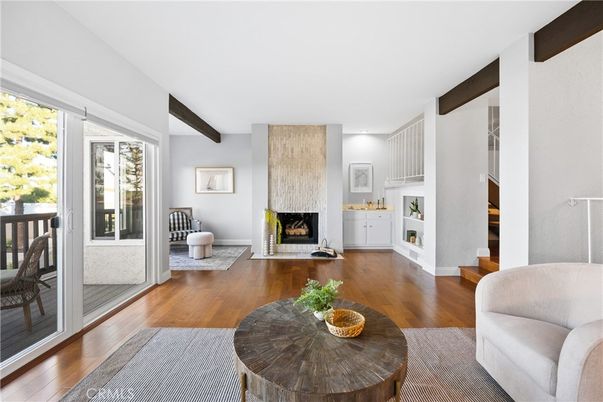 Fireplace, Interior, Recessed Lighting, Wooden Beams, Wood Texture Flooring