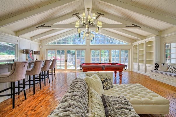 Billiard Table, Chandelier, Game Room, Interior, Wood Texture Flooring