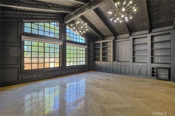 Chandelier, Empty room, Interior, Pendant Lights, Wooden Beams, Wooden Ceilings, Wood Texture Flooring