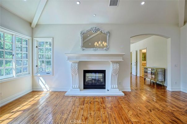 Empty room, Fireplace, Interior, Recessed Lighting, Wood Texture Flooring