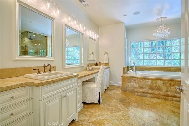 Bathroom, Chandelier, Dual Sink Vanities, Interior, Recessed Lighting
