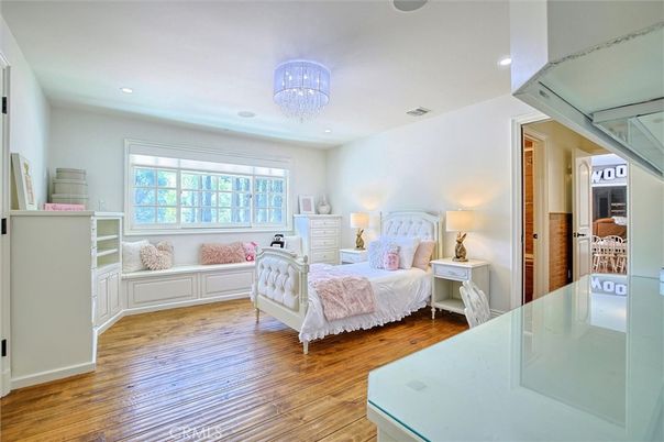 Bedroom, Chandelier, Interior, Recessed Lighting, Wood Texture Flooring
