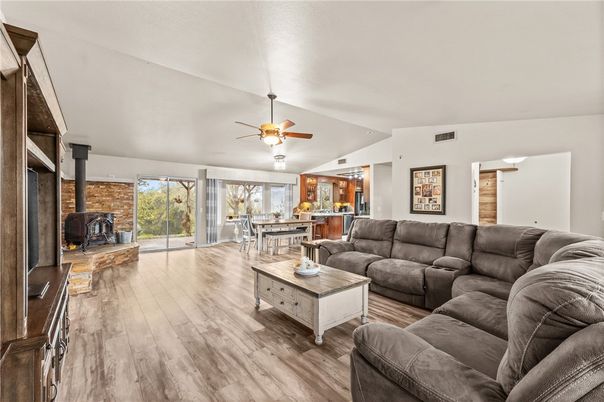 Dining room, Fireplace, Interior, Living room, Stone Walls, Wood Texture Flooring