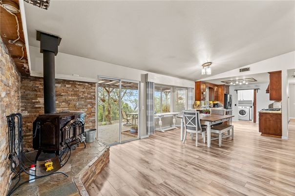 Dining room, Fireplace, Interior, Kitchen, Stone Walls, Wood Texture Flooring