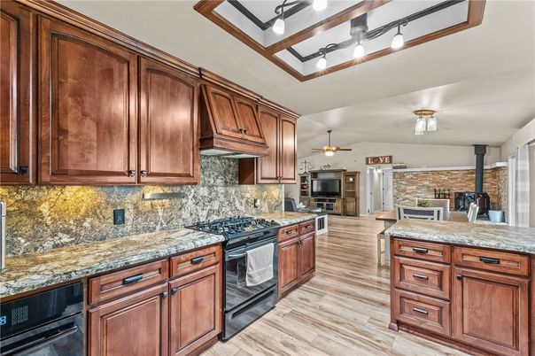 Interior, Kitchen, Stainless Steel Appliances, Stone Walls, Wood Texture Flooring