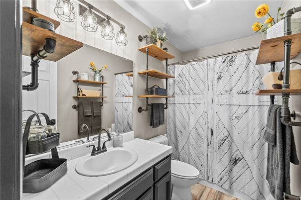 Bathroom, Interior, Tile Countertops, Wood Texture Flooring