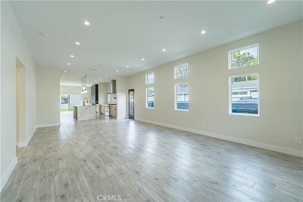 Empty room, Interior, Kitchen, Pendant Lights, Recessed Lighting, Wood Texture Flooring