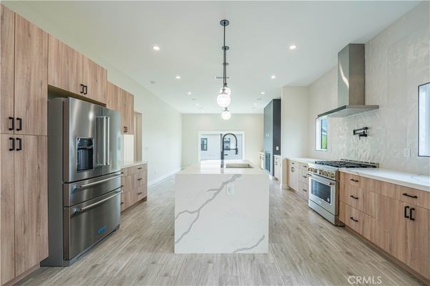 Interior, Kitchen, Pendant Lights, Recessed Lighting, Stainless Steel Appliances, Wood Texture Flooring