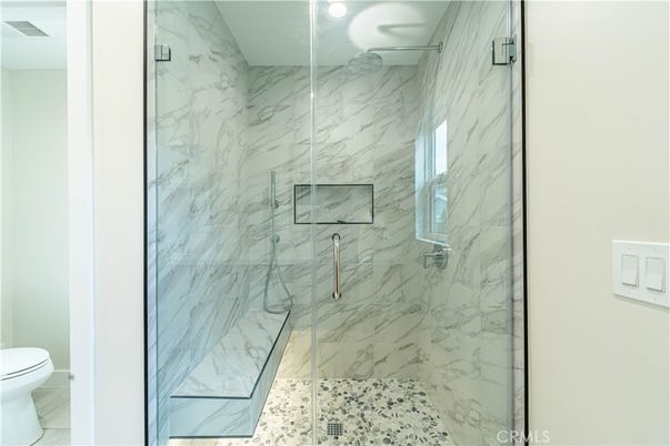 Bathroom, Glass Shower, Interior, Marble Walls, Recessed Lighting