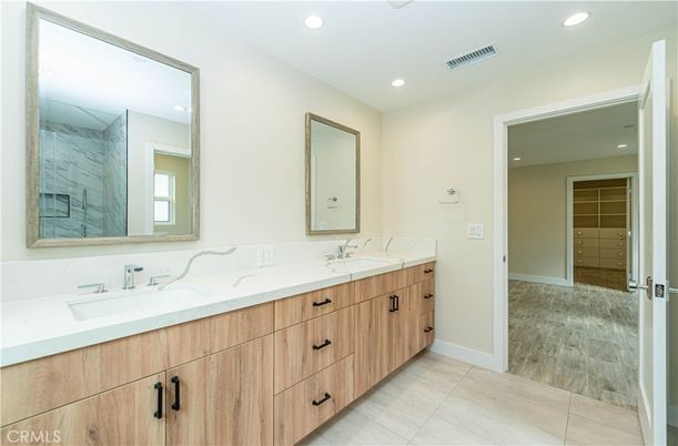 Bathroom, Dual Sink Vanities, Interior, Recessed Lighting, Wood Texture Flooring