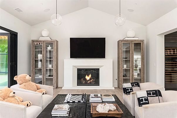 Fireplace, Interior, Living room, Pendant Lights, Wood Texture Flooring