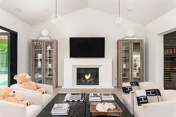Fireplace, Interior, Living room, Pendant Lights, Wood Texture Flooring