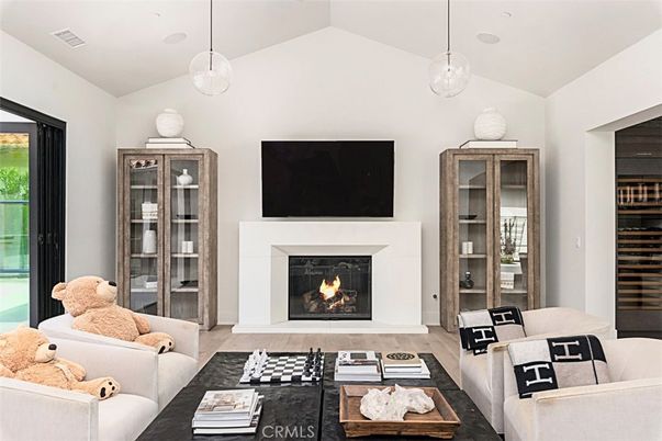 Fireplace, Interior, Living room, Pendant Lights, Wood Texture Flooring