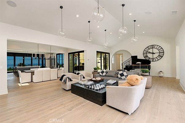 Dining room, Interior, Living room, Pendant Lights, Piano, Recessed Lighting, Wood Texture Flooring
