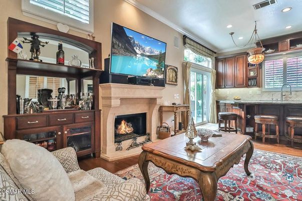 Fireplace, Interior, Pendant Lights, Recessed Lighting, Wood Texture Flooring