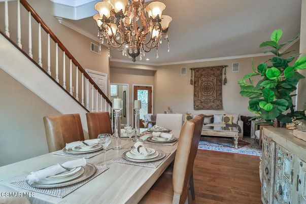 Chandelier, Dining room, Interior, Recessed Lighting, Wood Texture Flooring