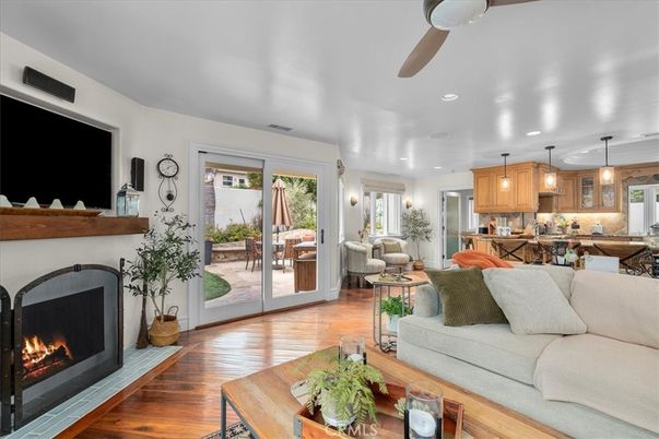 Fireplace, Interior, Kitchen, Living room, Pendant Lights, Recessed Lighting, Wood Texture Flooring