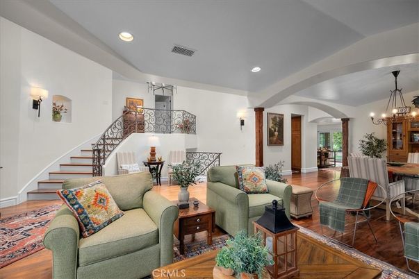 Chandelier, Interior, Living room, Recessed Lighting, Wood Texture Flooring