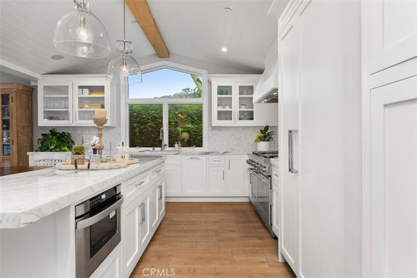 Interior, Kitchen, Pendant Lights, Recessed Lighting, Stainless Steel Appliances, Wooden Beams, Wood Texture Flooring