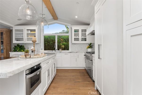 Interior, Kitchen, Pendant Lights, Recessed Lighting, Stainless Steel Appliances, Wooden Beams, Wood Texture Flooring