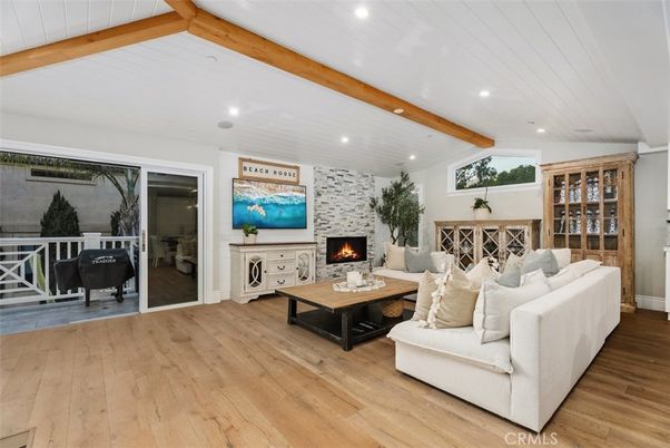 Fireplace, Interior, Living room, Recessed Lighting, Stone Walls, Wooden Beams, Wood Texture Flooring