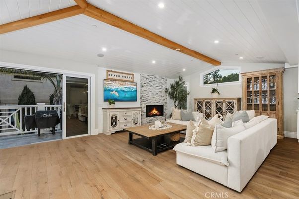 Fireplace, Interior, Living room, Recessed Lighting, Wooden Beams, Wood Texture Flooring