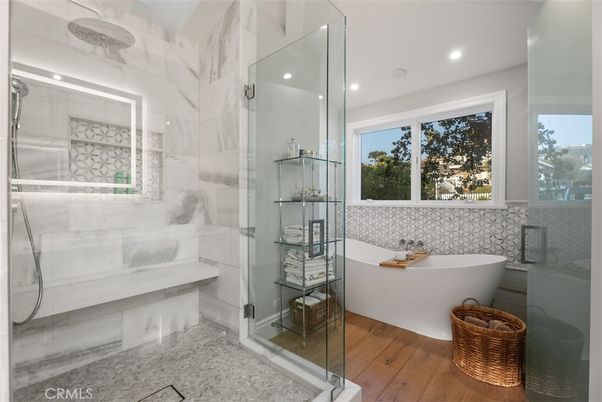 Bathroom, Free Standing Baths, Glass Shower, Interior, Recessed Lighting, Wood Texture Flooring