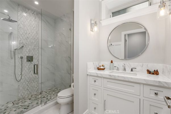 Bathroom, Glass Shower, Interior, Marble Walls, Recessed Lighting