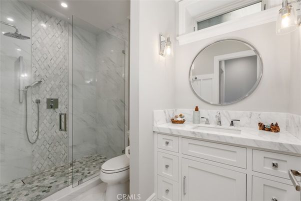 Bathroom, Glass Shower, Interior, Marble Walls, Recessed Lighting