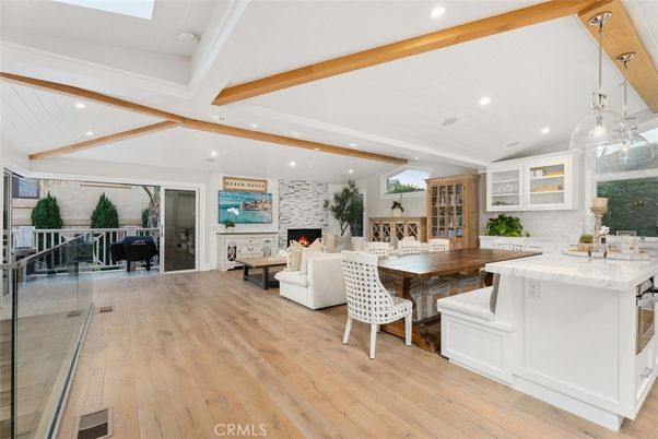 Dining room, Fireplace, Interior, Kitchen, Living room, Pendant Lights, Recessed Lighting, Wooden Beams, Wood Texture Flooring