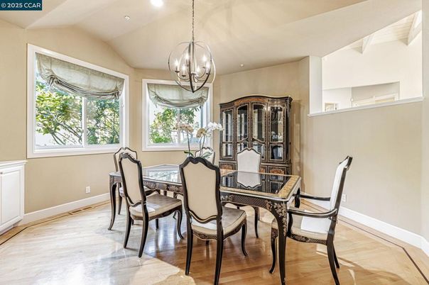 Chandelier, Dining room, Interior, Pendant Lights, Recessed Lighting, Wood Texture Flooring