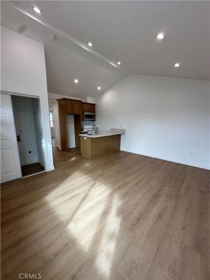 Empty room, Interior, Kitchen, Recessed Lighting, Wood Texture Flooring