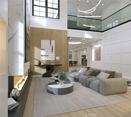 Fireplace, Interior, Living room, Marble Walls, Pendant Lights, Recessed Lighting, Wood Texture Flooring