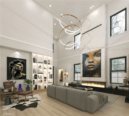 Fireplace, Interior, Living room, Marble Walls, Pendant Lights, Recessed Lighting, Wood Texture Flooring
