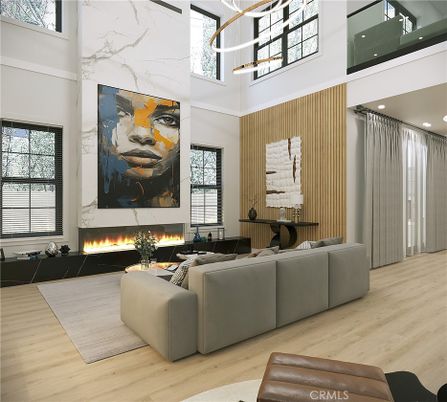 Fireplace, Interior, Living room, Marble Walls, Pendant Lights, Recessed Lighting, Wood Texture Flooring