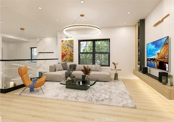 Interior, Living room, Marble Walls, Pendant Lights, Recessed Lighting, Wood Texture Flooring