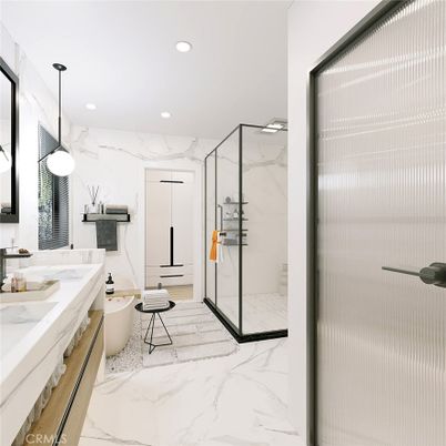 Bathroom, Dual Sink Vanities, Glass Shower, Interior, Marble, Marble Walls, Pendant Lights, Recessed Lighting