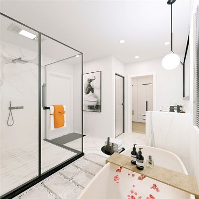 Bathroom, Glass Shower, Interior, Marble, Marble Walls, Pendant Lights, Recessed Lighting