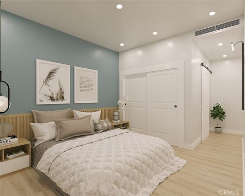 Bedroom, Interior, Recessed Lighting, Wood Texture Flooring