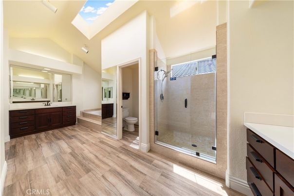 Bathroom, Glass Shower, Interior, Wood Texture Flooring